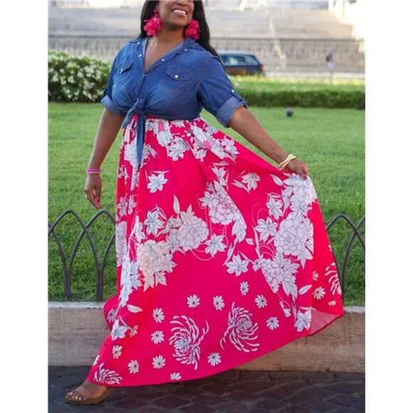 Women's Denim Crop Top Roll Up 3/4 Sleeve Shirt Tie Front Knot Chambra - Picture 4 of 7